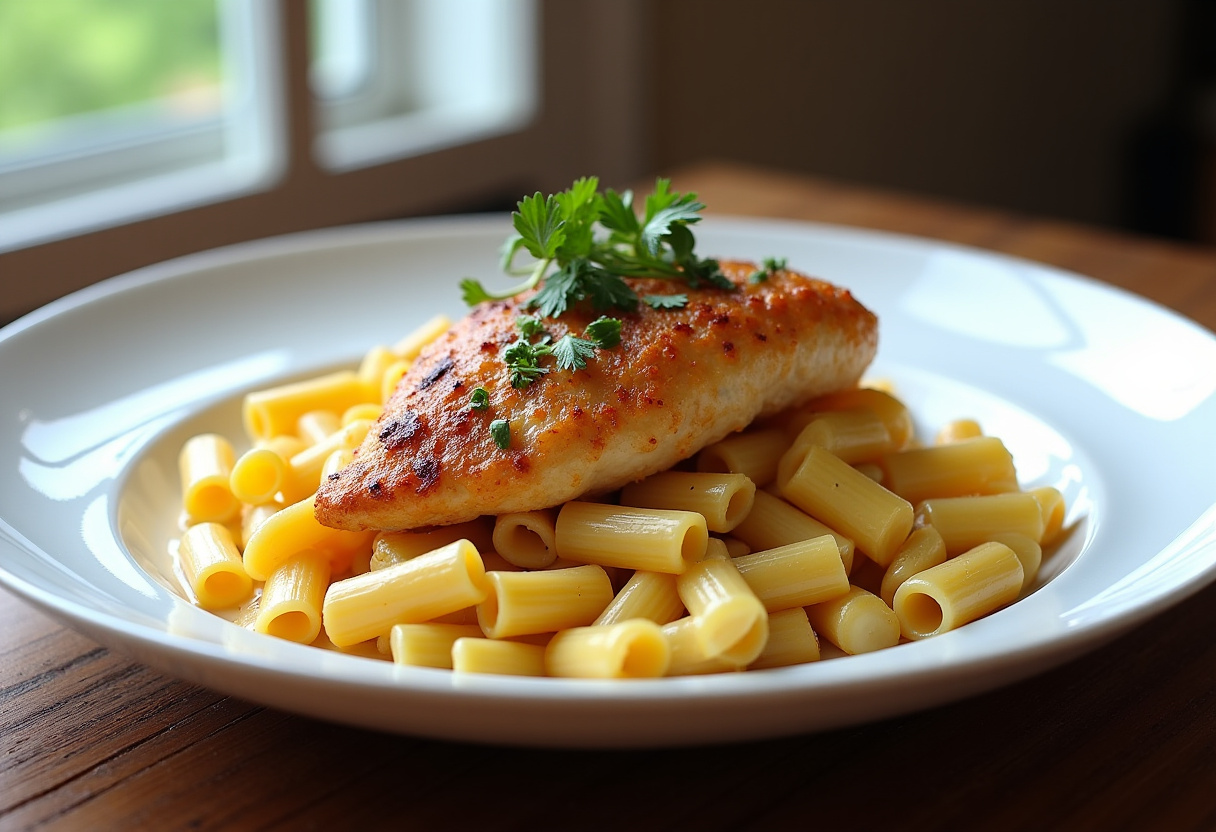 Delicious Creamy Garlic Butter Chicken and Rigatoni in Parmesan Sauce recipe ready to serve