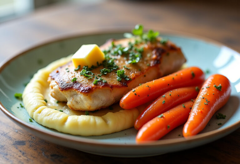 Delicious Garlic Herb Chicken with Creamy Mash & Roasted Carrots recipe - step by step cooking guide