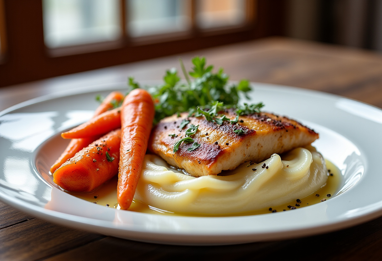 Delicious Garlic Herb Chicken with Creamy Mash & Roasted Carrots recipe ready to serve