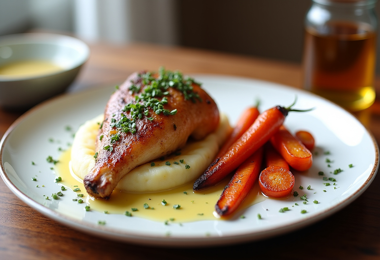 Delicious Garlic Herb Chicken with Creamy Mash & Roasted Carrots recipe ready to serve