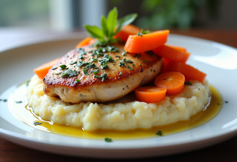 Delicious Garlic Herb Chicken with Creamy Mash & Roasted Carrots recipe - step by step cooking guide