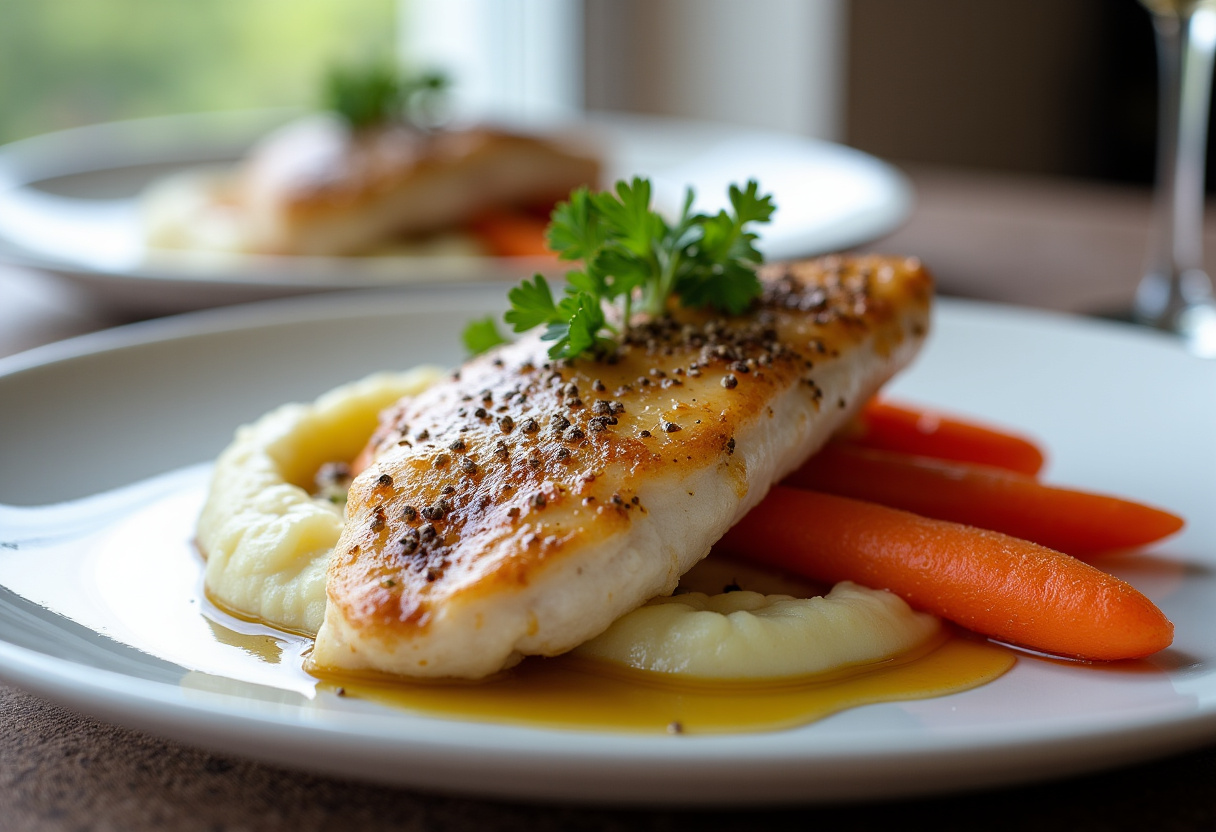 Delicious Garlic Herb Chicken with Creamy Mash & Roasted Carrots recipe ready to serve
