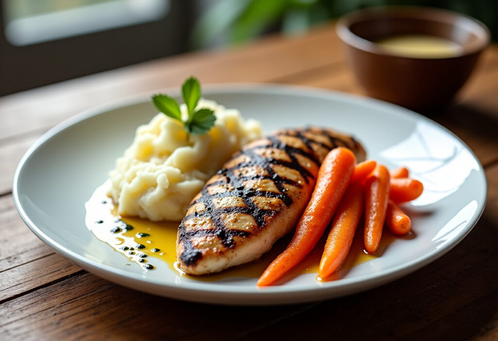 Garlic Herb Chicken with Creamy Mash & Roasted Carrots