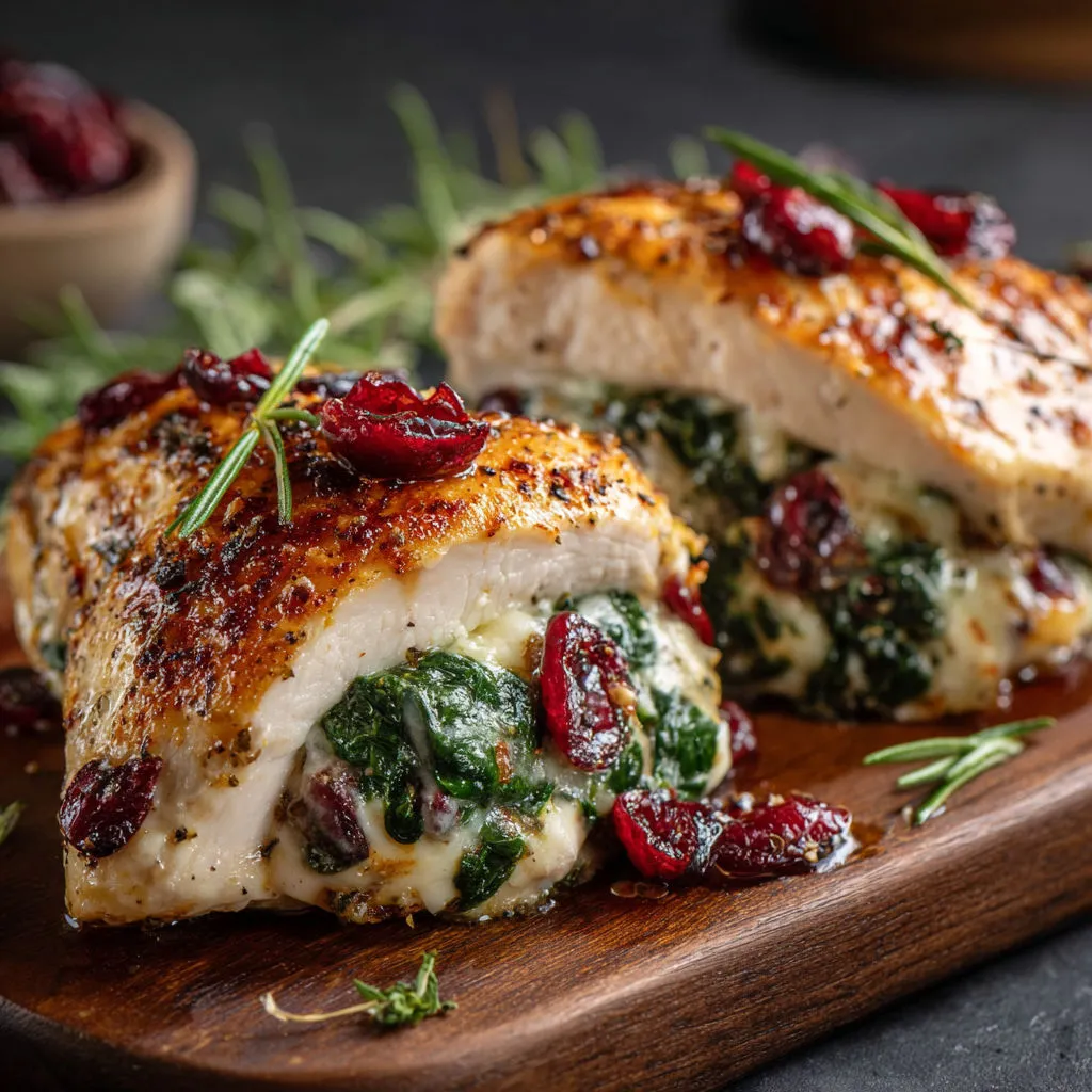 Delicious Cranberry Spinach Chicken Brie Bake