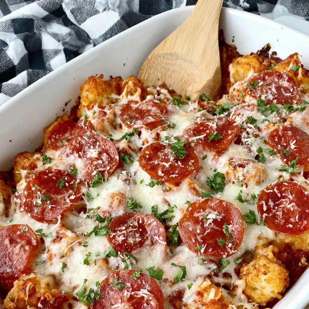 Cheesy Pepperoni Tater Tot Pizza Bake
